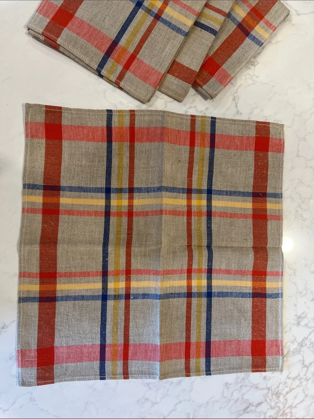 Plaid Linen Napkins in Red, Yellow & Navy- Set of 4